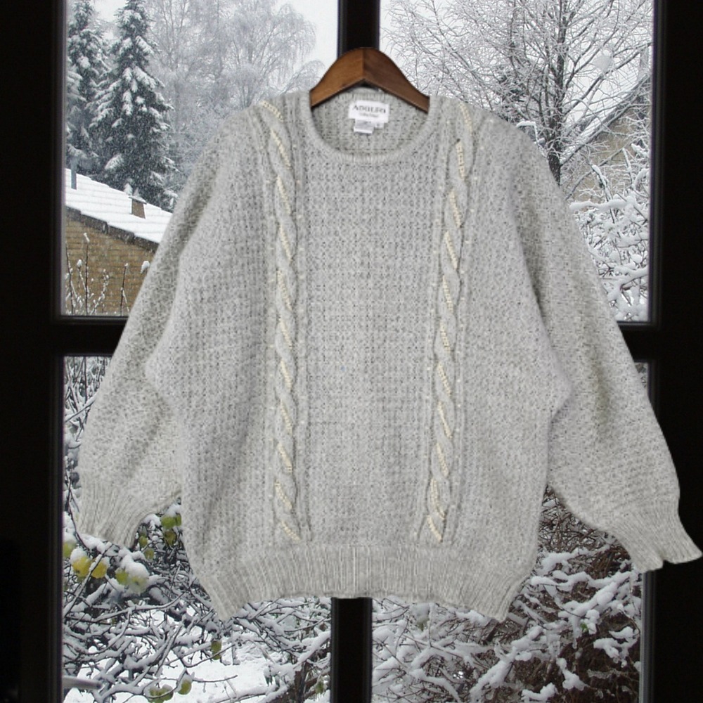 Vintage 80s Adolfo Collectibles Pearl Beaded Cable Knit Sweater L Balloon Sleeve